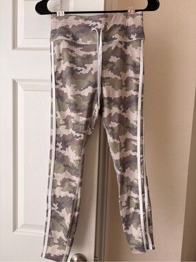 Avia Girls' Green and Beige Camo Leggings with White Side Stripes-Full Length